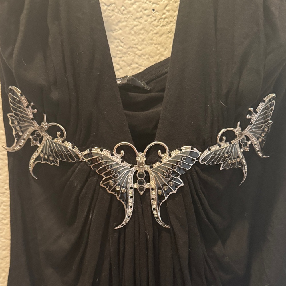 Sky Black Halter Top with Silver Butterfly Accents - Picture 2 of 5